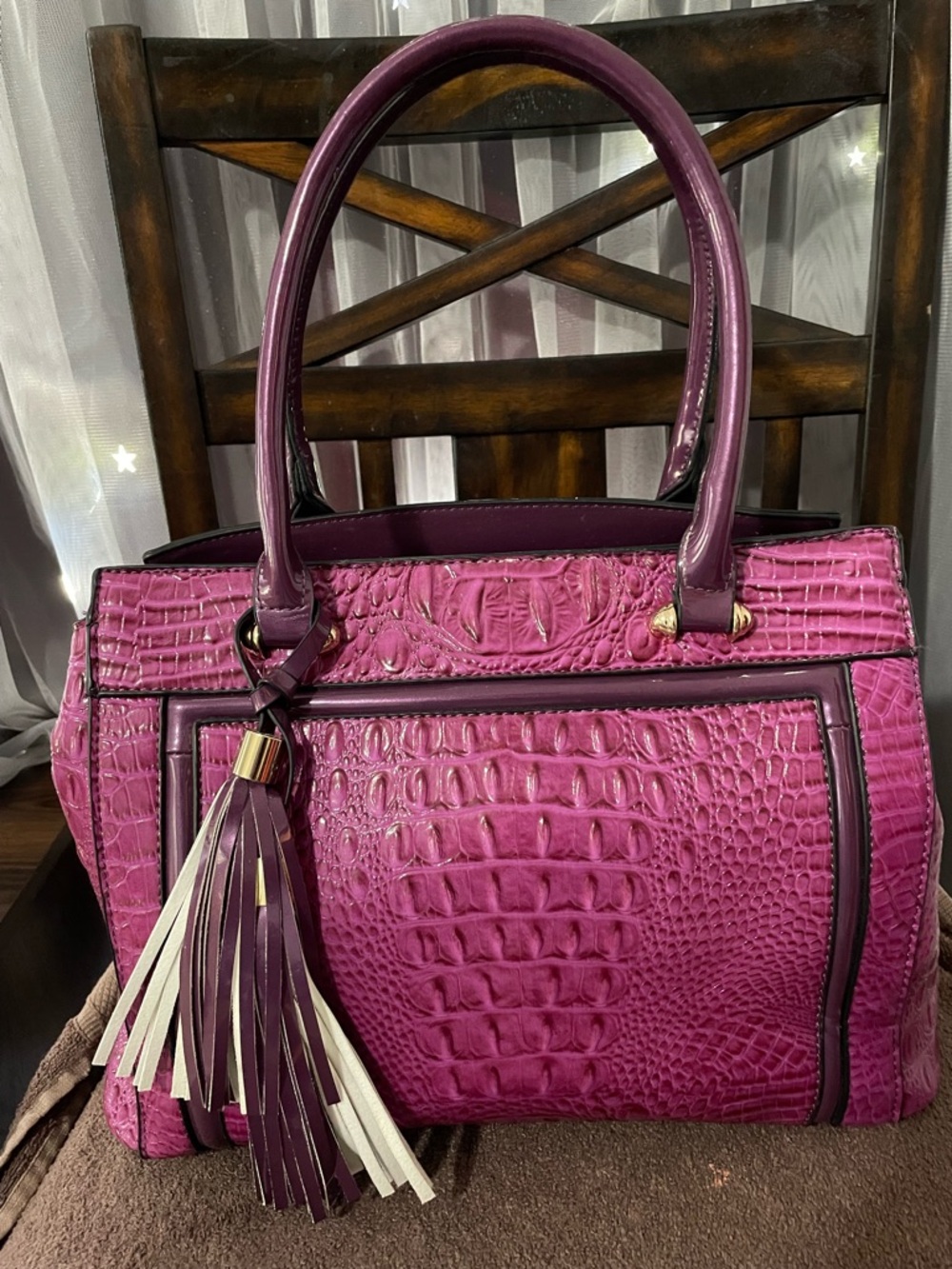 Structured Croc-Embossed Satchel and Wallet in Fuchsia - Picture 12 of 12